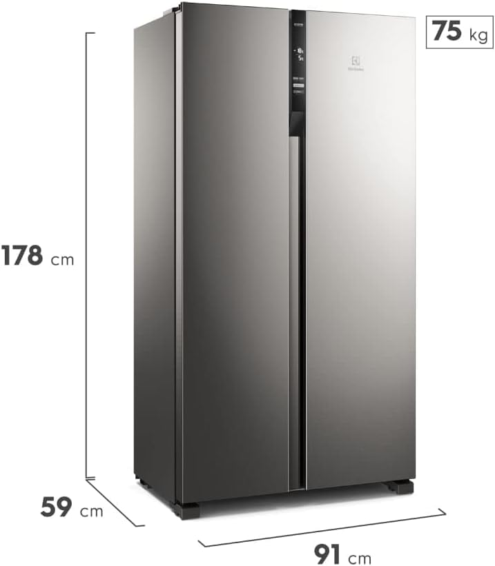 Geladeira Electrolux Side by Side cinza com dimensões e peso