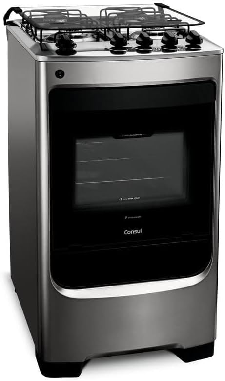 Fogão Consul 4 bocas inox vista lateral com forno vidro e botões pretos