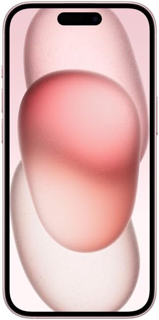 Tela frontal do Apple iPhone 15 rosa com display ativo e recorte para sensores