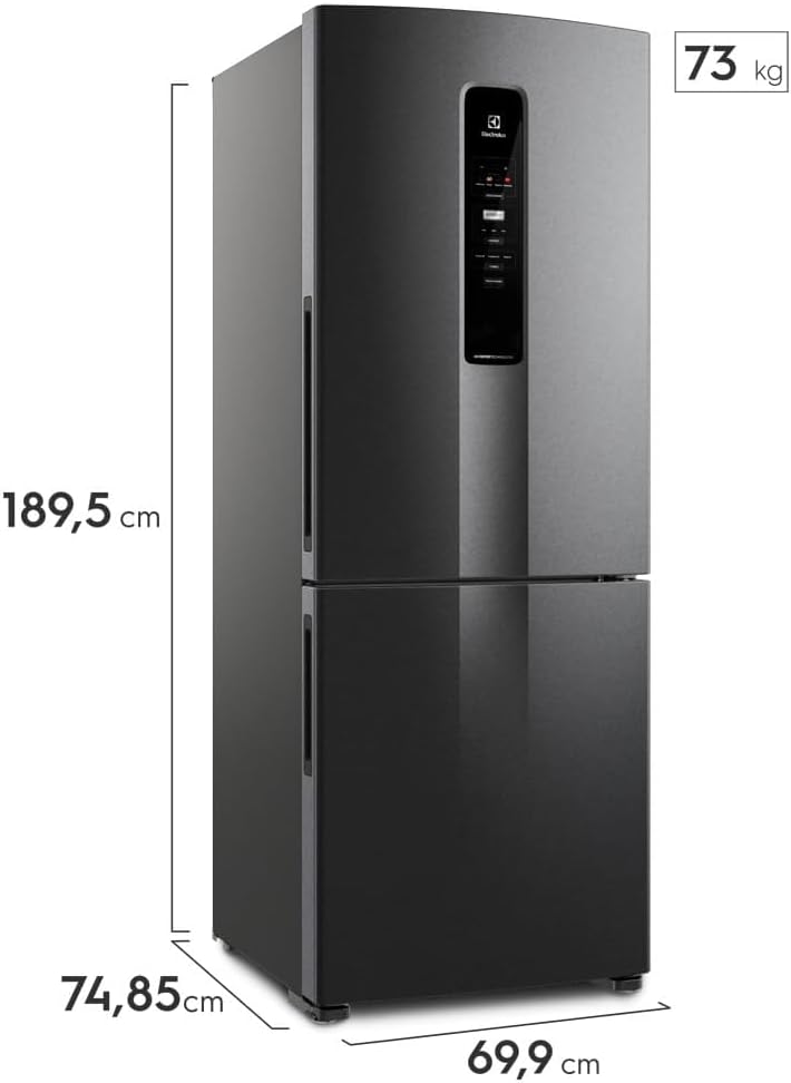 Geladeira Electrolux Frost Free 490 litros com dimensões 189,5x69,9x74,85 cm e peso 73kg
