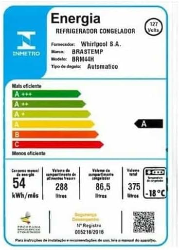 Etiqueta energética INMETRO da Geladeira Brastemp Frost Free Duplex 375 litros.