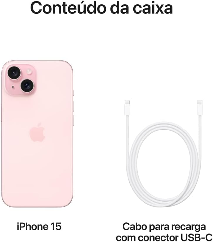 Conteúdo da caixa do Apple iPhone 15 rosa com cabo USB-C para recarga