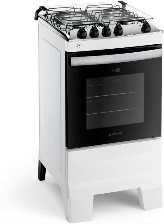 Fogão 4 bocas branco com mesa inox e forno preto Atlas Agile Up bivolt