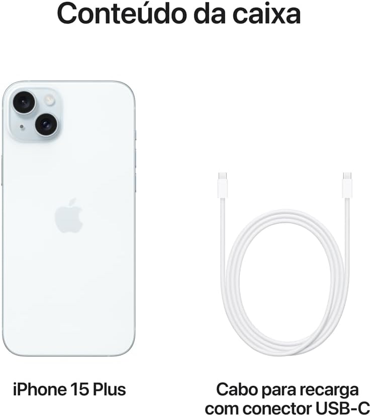 Conteúdo da caixa do iPhone 15 Plus com aparelho branco e cabo USB-C