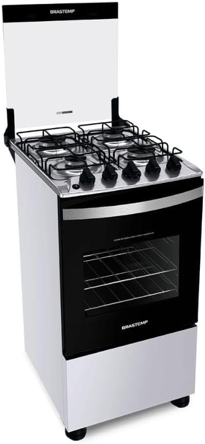 Fogão Brastemp 4 bocas branco com tampa aberta e mesa inox.