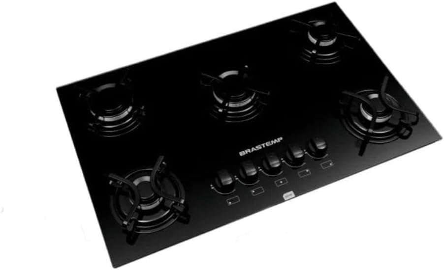 Cooktop Brastemp 5 bocas preto com grades piatina vista em ângulo