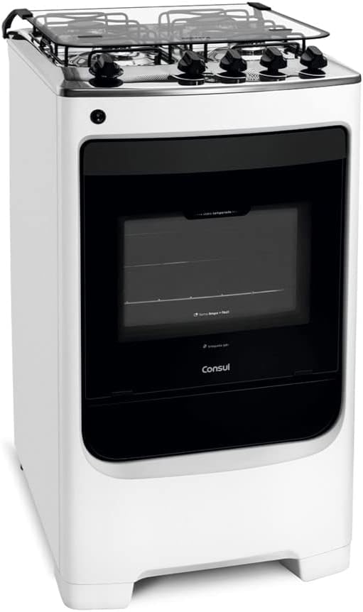 Fogão Consul 4 bocas branco com forno vista em ângulo lateral direito