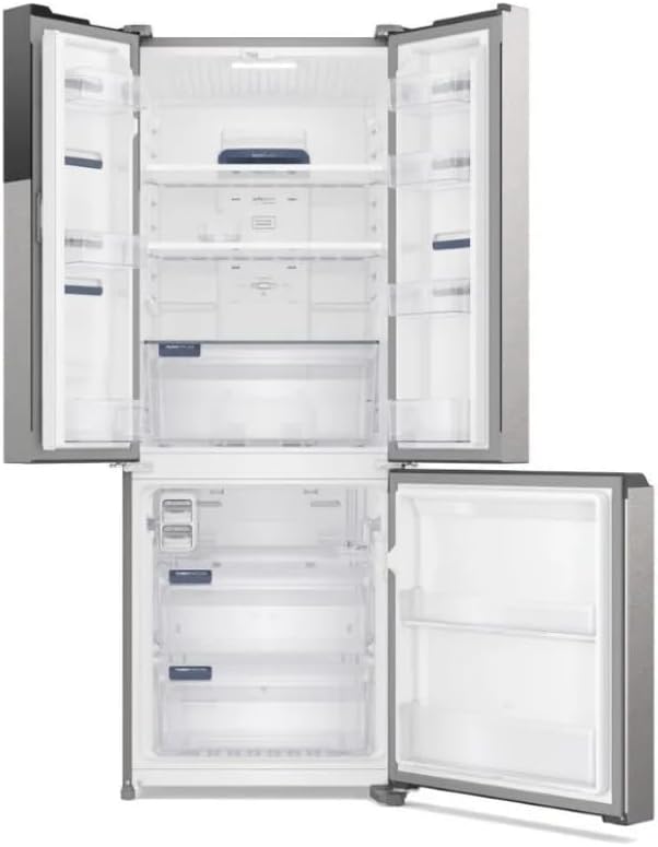 Interior da geladeira Electrolux Frost Free Inverter 480L com portas abertas mostrando armazenamento