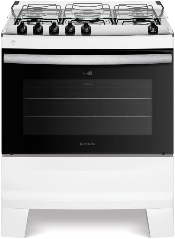 Fogão 5 bocas branco com mesa inox Atlas Agile Up visto de frente