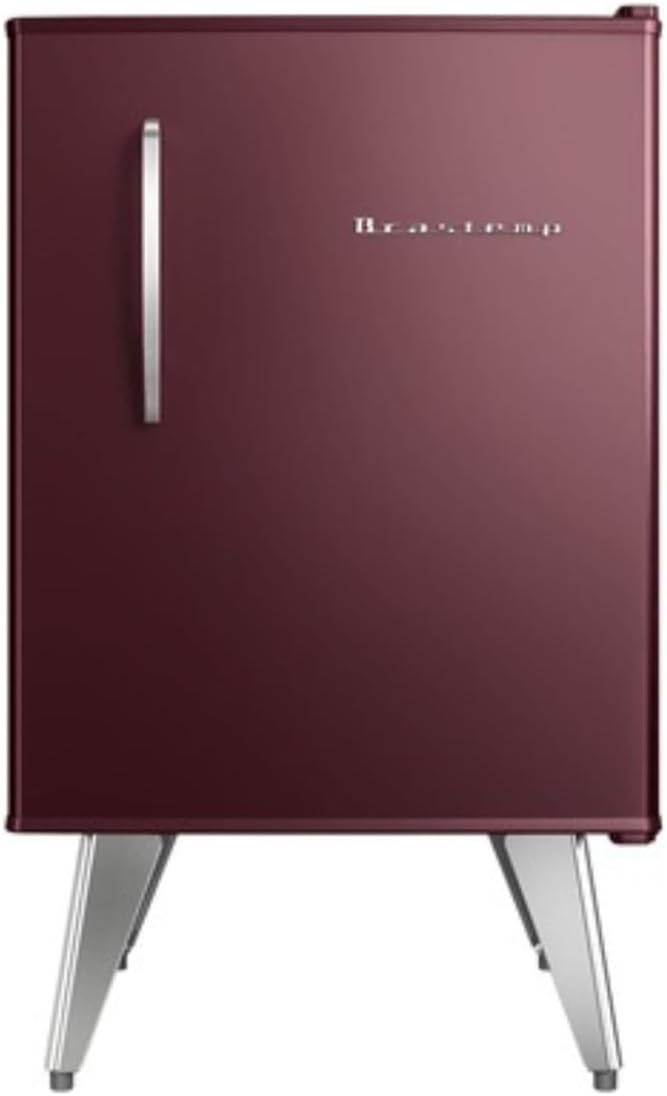 Frigobar retrô Brastemp 76 litros marsala vista frontal com alça metálica e pés inclinados.
