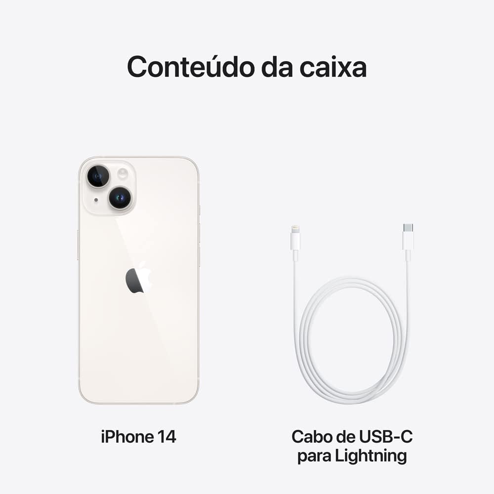 Conteúdo da caixa do Apple iPhone 14: telefone estelar e cabo USB-C para Lightning.