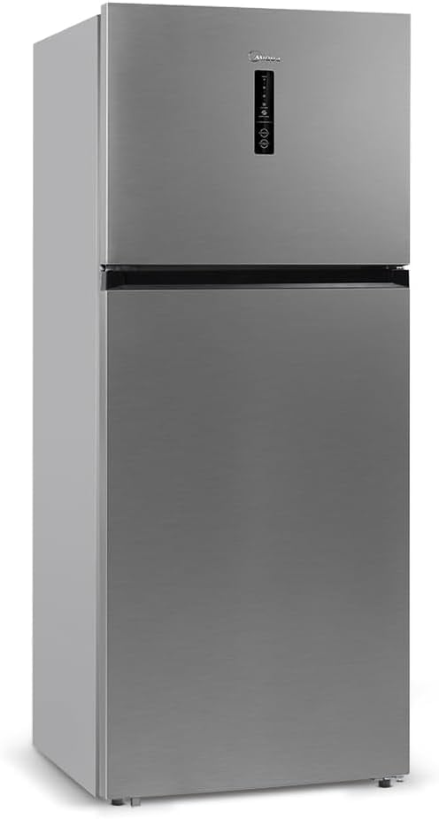 Geladeira Frost Free Duplex 463L Midea inox Slim vista lateral e frontal.
