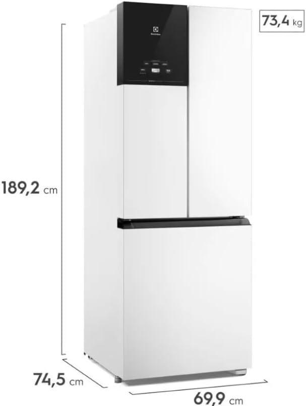 Geladeira Electrolux Frost Free Inverter 480L medidas 189,2 cm altura largura 69,9 cm fundo branco
