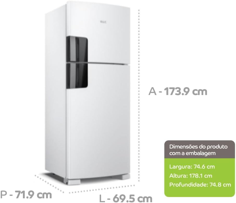 Geladeira Consul Frost Free Duplex branca 410 litros com dimensões detalhadas ao lado