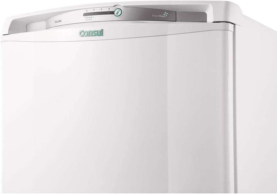 Detalhe do painel superior com logo Consul e controle da geladeira Frost Free branca