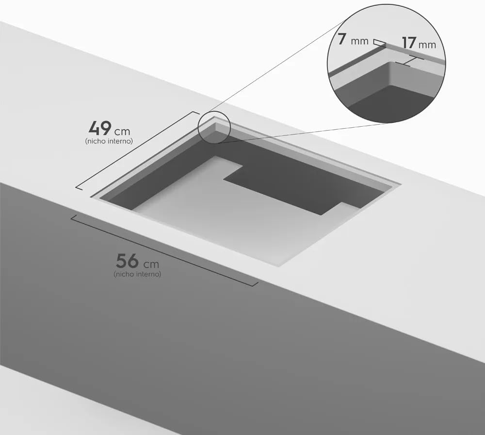 Dimensões detalhadas do nicho interno para cooktop Electrolux híbrido 49x56 cm com borda ajustável