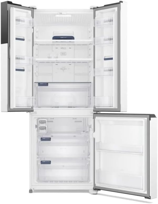 Interior Geladeira Electrolux Frost Free Inverter 480L portas abertas com prateleiras e gavetas
