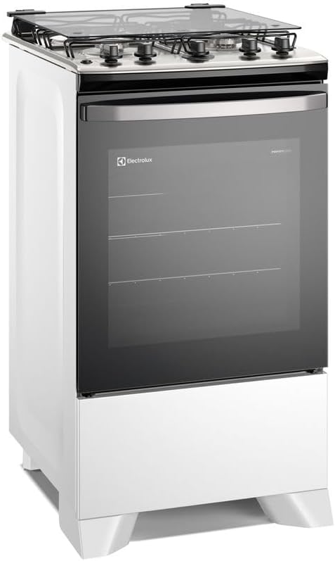 Fogão Electrolux 4 bocas Efficient branco vista lateral com forno e grades metálicas