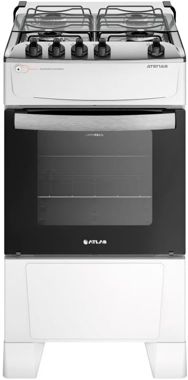 Fogão Atlas Atenas 4 bocas branco com mesa inox, vista frontal