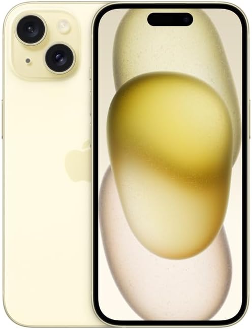 Apple iPhone 15 amarelo 512 GB vista frontal e traseira com tela ligada