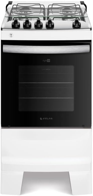 Fogão 4 bocas branco com mesa inox frontal e forno preto Atlas Agile Up bivolt