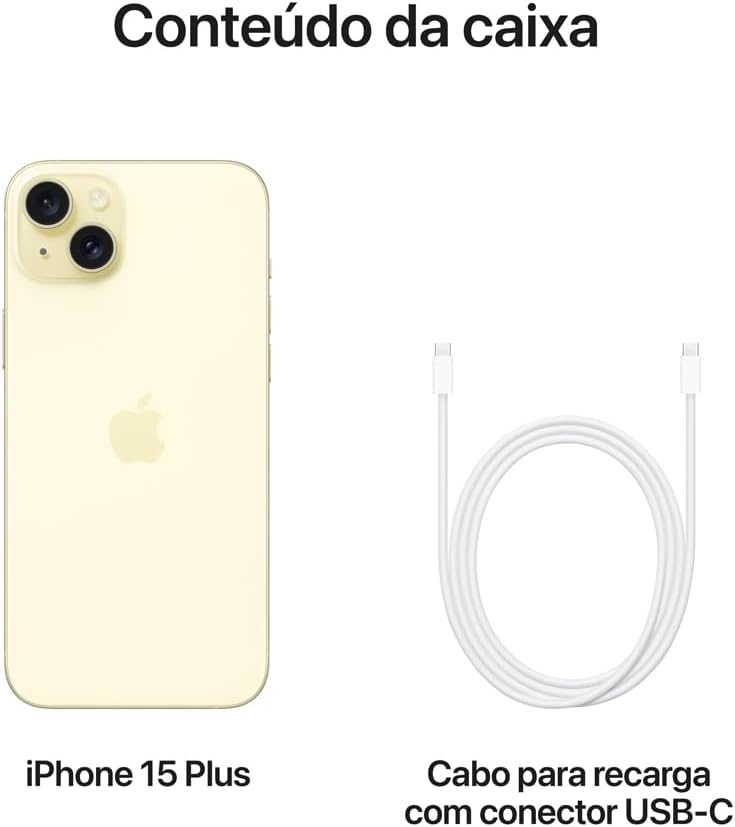 Conteúdo da caixa do iPhone 15 Plus amarelo com cabo USB-C para recarga incluído.