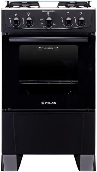 Fogão Atlas 4 bocas preto Coliseum Plus com forno 50L vista frontal