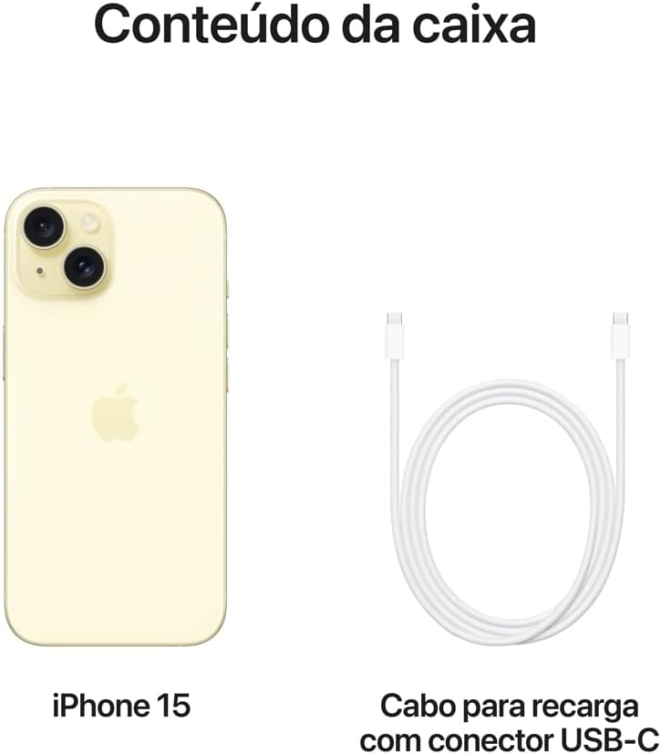 Conteúdo da caixa do iPhone 15 amarelo: aparelho e cabo USB-C para recarga