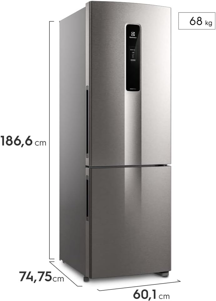Geladeira Electrolux Frost Free 400L Inox Look dimensões e peso visíveis