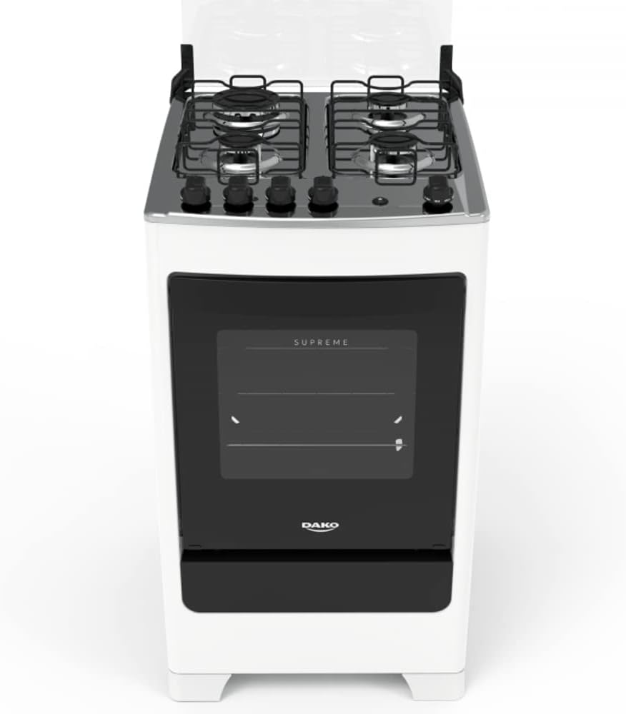 Fogão de piso 4 bocas Dako Supreme com painel inox e forno com porta de vidro preto