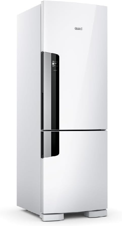 Geladeira Consul Frost Free duplex branca 397 litros vista de lado com painel digital e freezer embaixo.