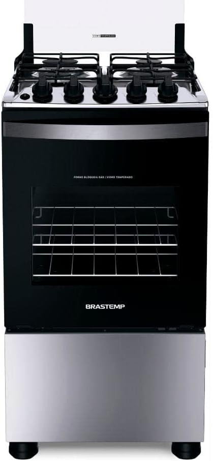 Fogão Brastemp 4 bocas inox modelo Bfo4nbr frontal com forno e queimadores