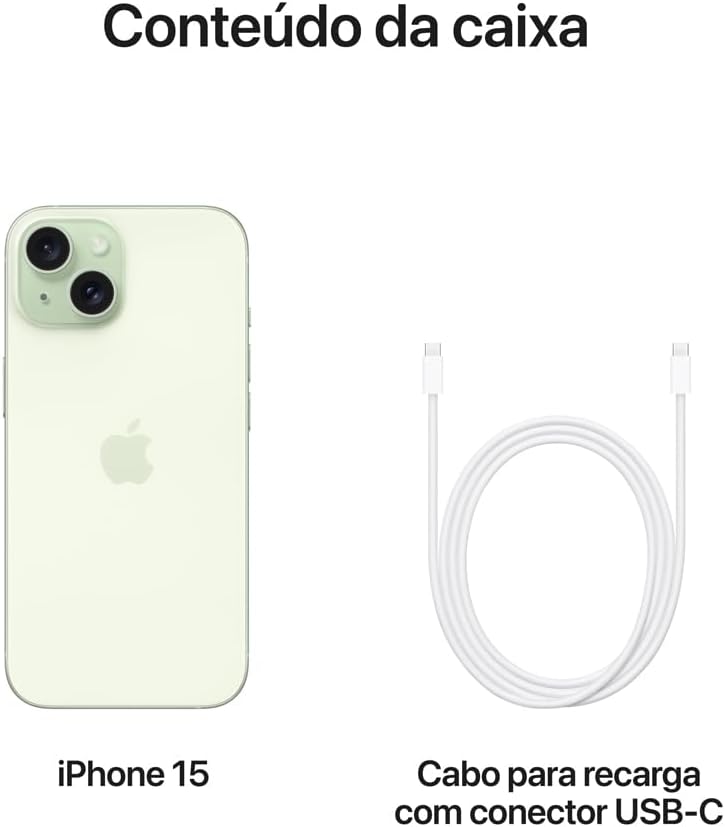 Conteúdo da caixa do Apple iPhone 15 verde com cabo USB-C