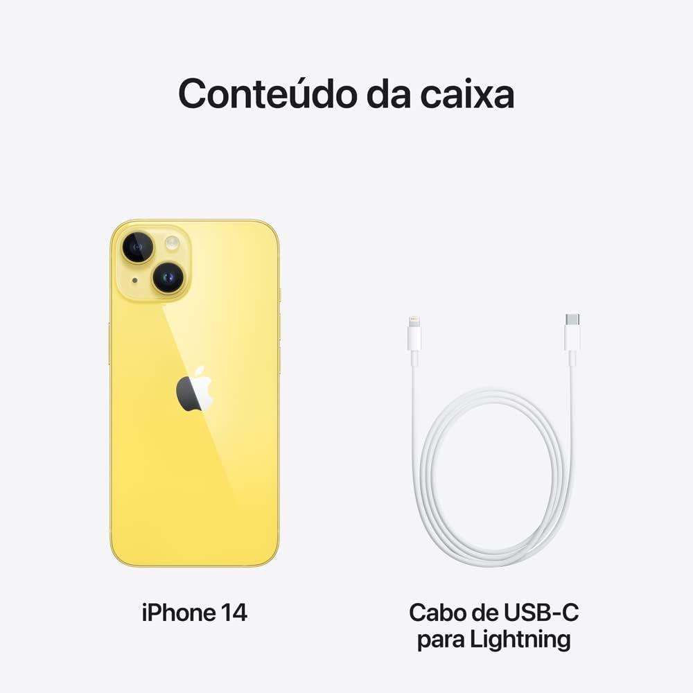 Conteúdo da caixa do iPhone 14 com o aparelho amarelo e cabo USB-C para Lightning