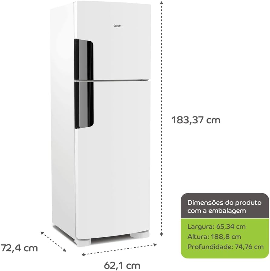 Geladeira Consul Frost Free Duplex com medidas detalhadas de altura, largura e profundidade.