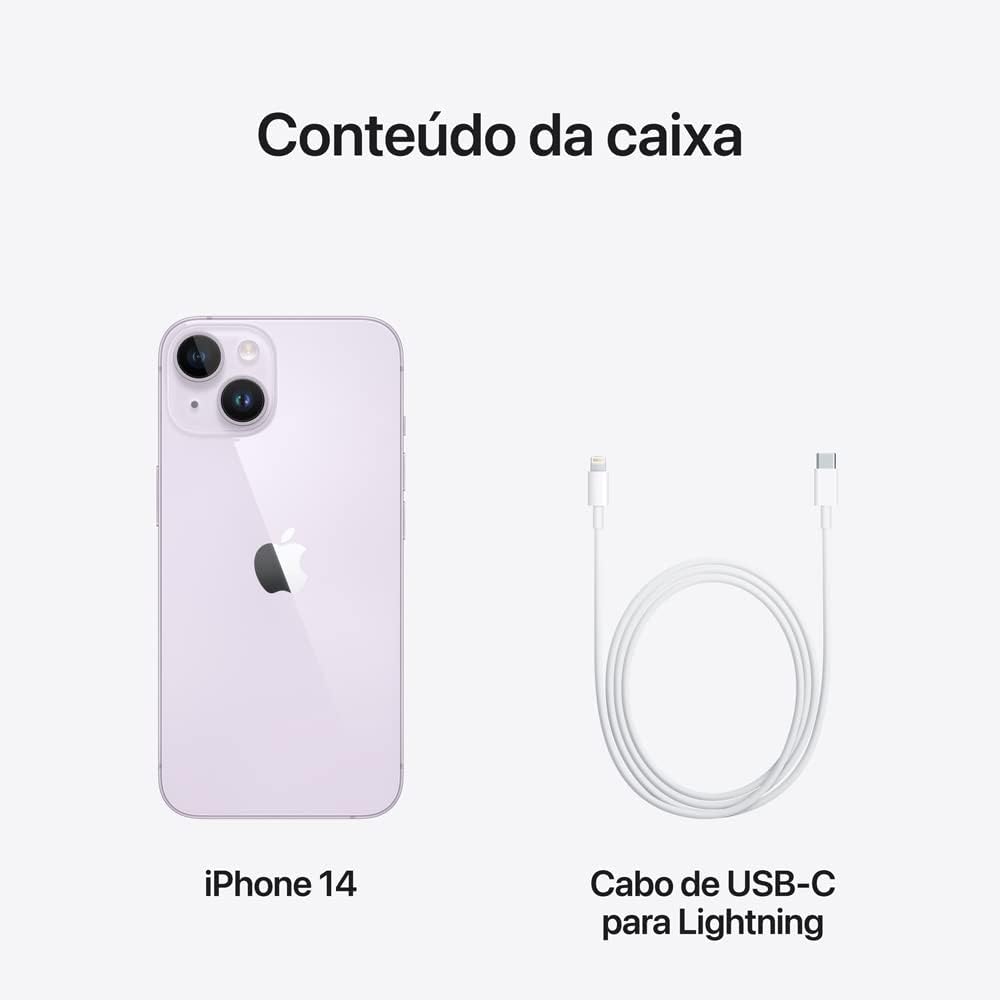 Conteúdo da caixa do iPhone 14: aparelho roxo e cabo USB-C para Lightning
