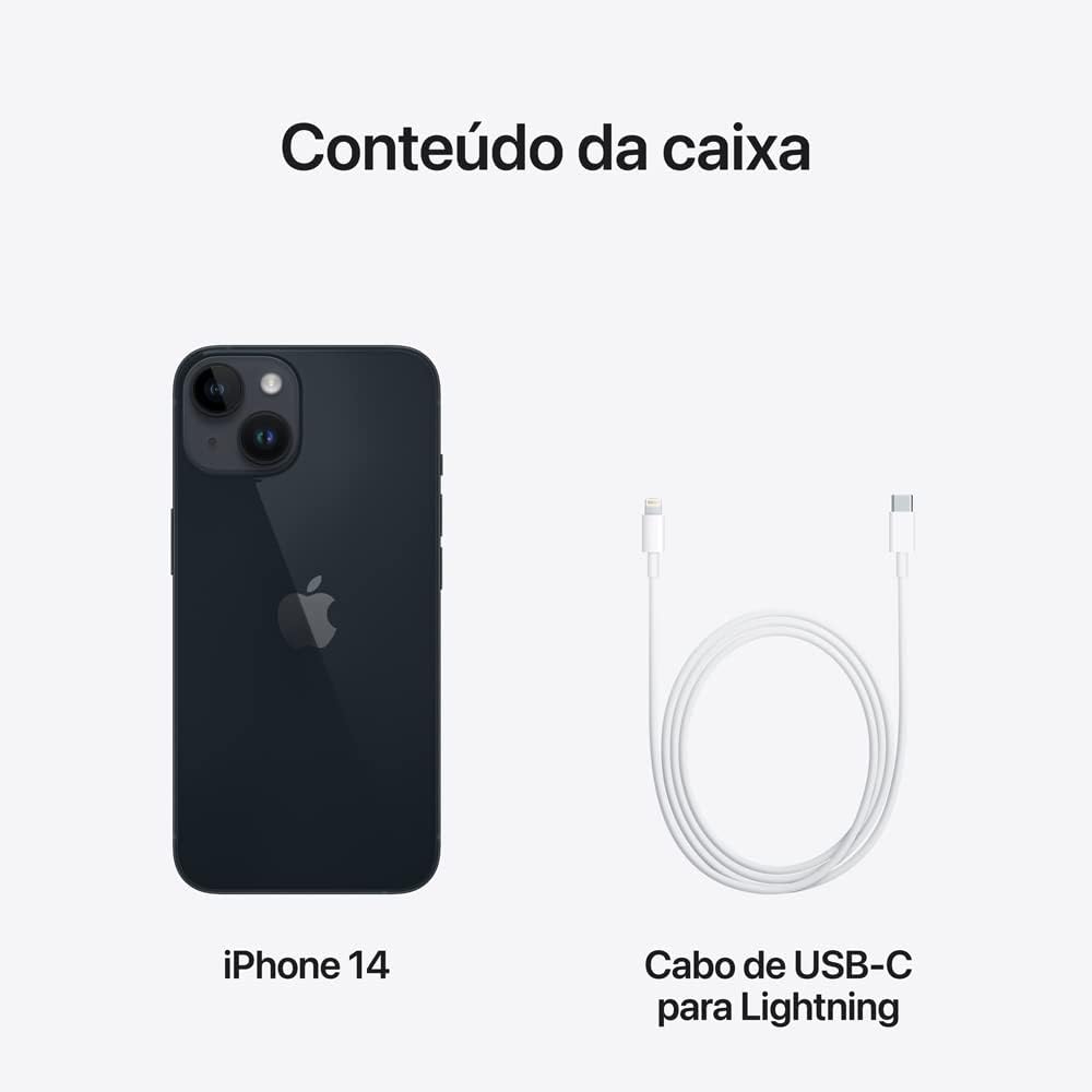 Conteúdo da embalagem iPhone 14 meia-noite com cabo USB-C para Lightning.