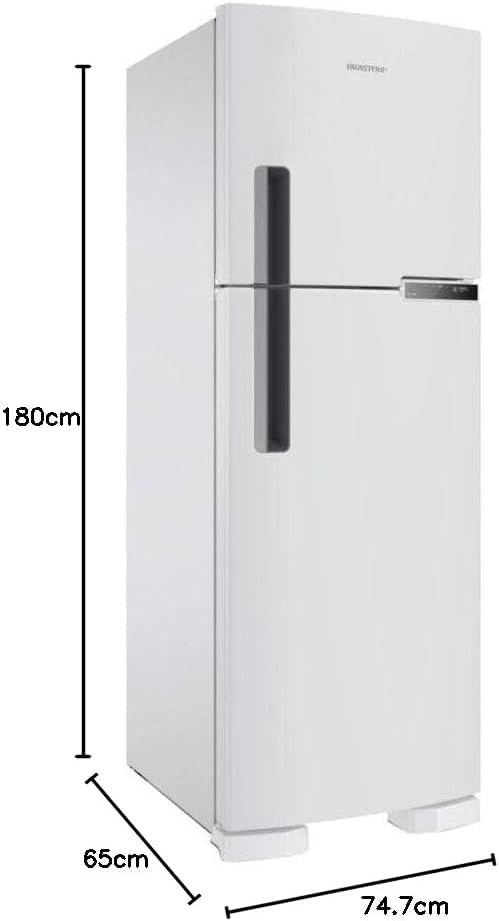 Geladeira Brastemp Frost Free Duplex com medidas 180cm altura, 74,7cm largura, 65cm profundidade.