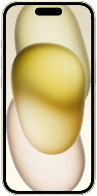 Visão frontal do Apple iPhone 15 amarelo com tela e Dynamic Island