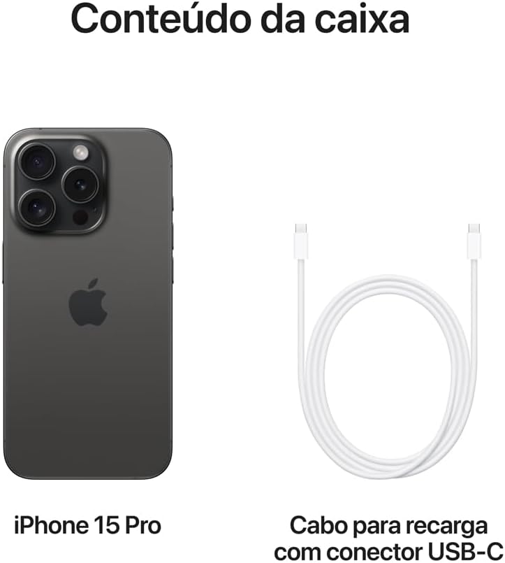 Conteúdo da caixa do Apple iPhone 15 Pro com smartphone titânio preto e cabo USB-C