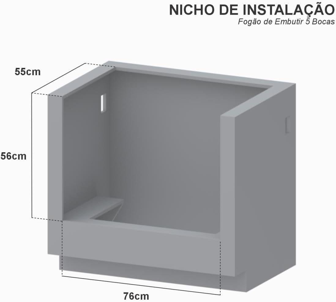 Nicho de instalação para fogão de embutir 5 bocas com medidas 76x55x56 cm