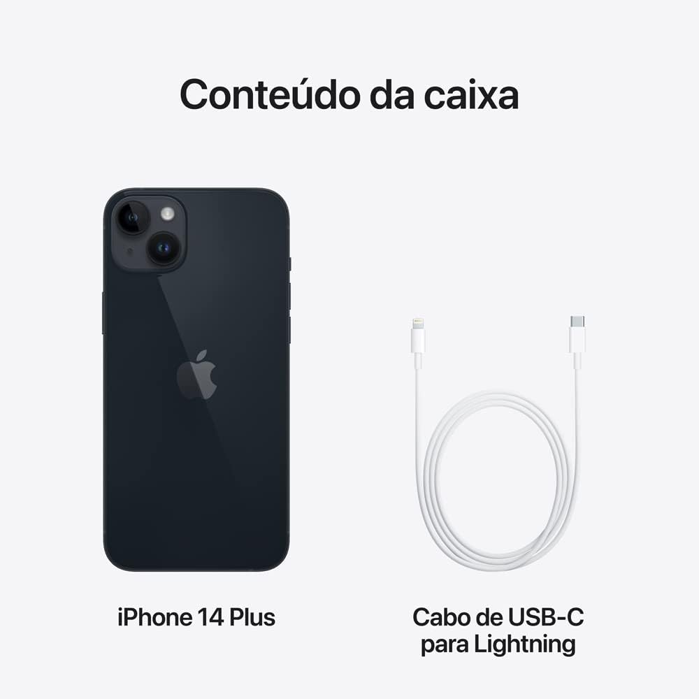 Conteúdo da caixa do iPhone 14 Plus: aparelho meia-noite e cabo USB-C para Lightning.