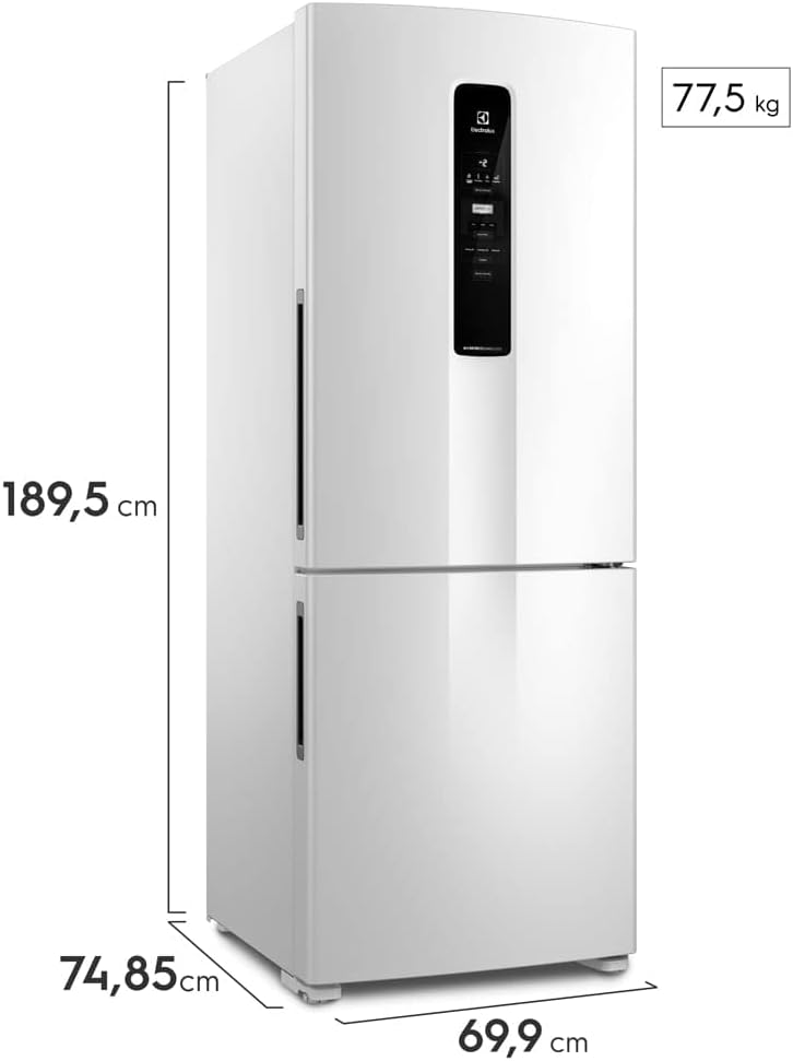 Geladeira Electrolux Inverse Experience branca vista em ângulo com dimensões e peso
