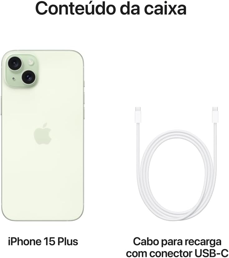 Conteúdo da embalagem do iPhone 15 Plus verde com cabo USB-C