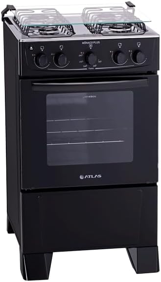 Fogão 4 bocas Atlas Mônaco Plus preto com mesa inox e acendimento automático