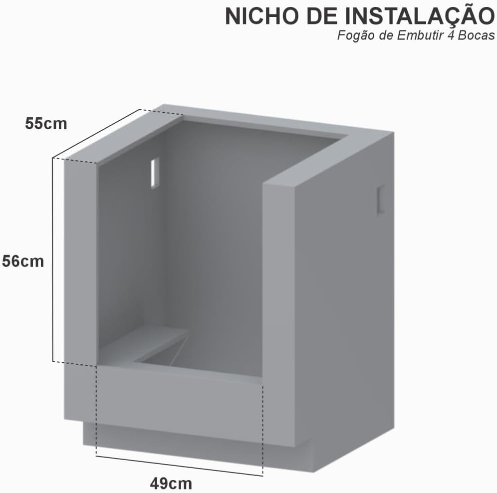 Diagrama dimensões do nicho de instalação para fogão de embutir 4 bocas