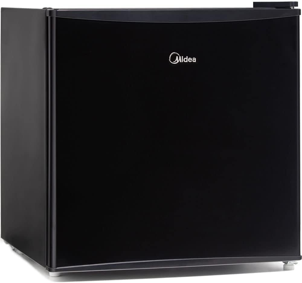 Frigobar Midea 45L preto vista lateral direito compacta