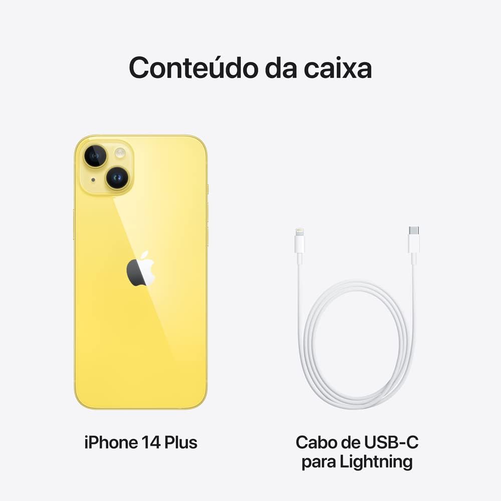 Conteúdo da caixa do iPhone 14 Plus amarelo com cabo USB-C para Lightning