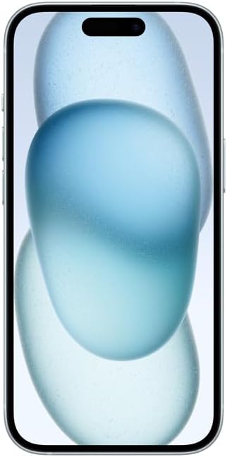 Apple iPhone 15 branco mostrando tela ativa com fundo azul em close frontal.