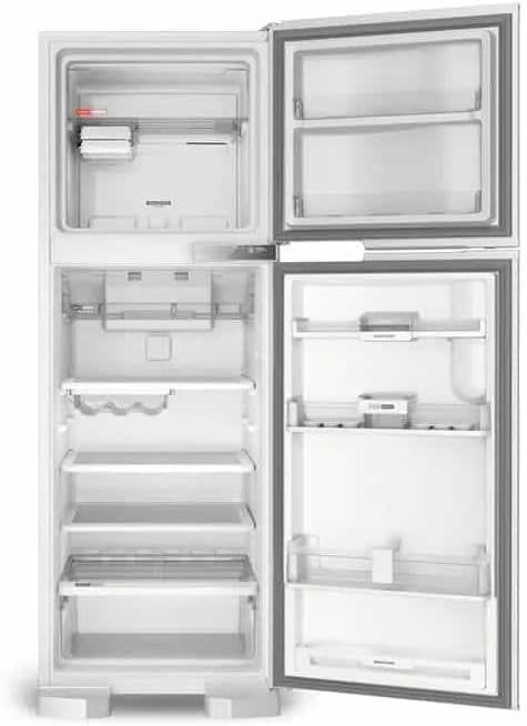 Interior da geladeira Brastemp Frost Free Duplex com portas abertas mostrando compartimentos.